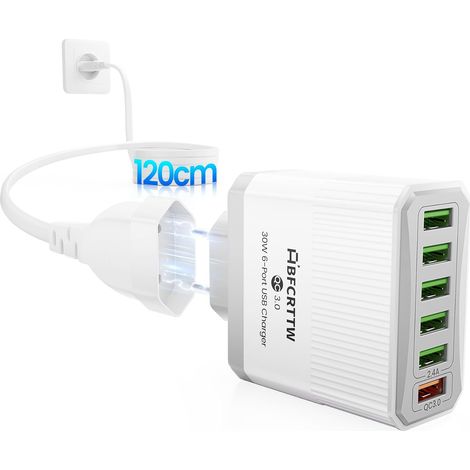 6 Port Chargeur USB, 30W Prise USB Multiple Chargeur Rapide avec câble 120cm, QC 3.0 Chargeur Secteur Adaptateur pour 16 15 14 13 12 8 XR S24 Ultra S23 S22 S21 iPad Téléphones (1/5)