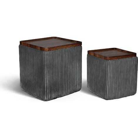 Set 2 Pouf Contenitore Quadrati in Velluto con Coperchio in Legno, Tavolino da Salotto Moderno, Pouf Contenitore Salvaspazio, Seduta Imbottita, Pouf Poggiapiedi Grigio Scuro
