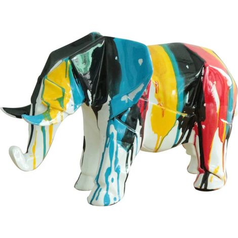 Statue éléphant géométrique coulure noir multicolore H21 cm - DUMBO 02 (1/3)