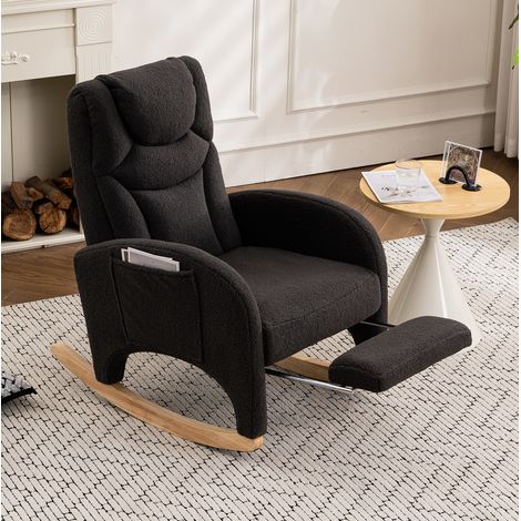 Silla mecedora de tejido Teddy gris oscuro con reposapiés plegable y reposabrazos, 66 x 125 x 101 cm (1/5)