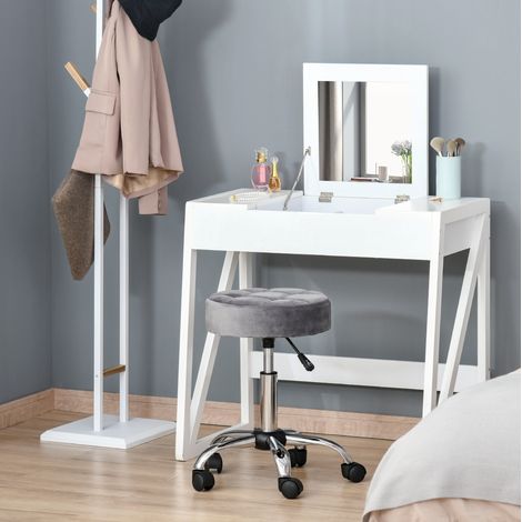 Taburete de salón en poliéster gris claro, regulable en altura, giratorio con ruedas 360°, Ø35 x 49-61 cm (1/5)