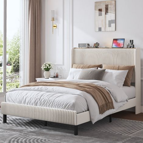 Lit double-plateforme rembourree-tetiere en tissu-bords arrondis-antidrapant silencieux-cadre metallique-145x210x120cm-Sans Matelas