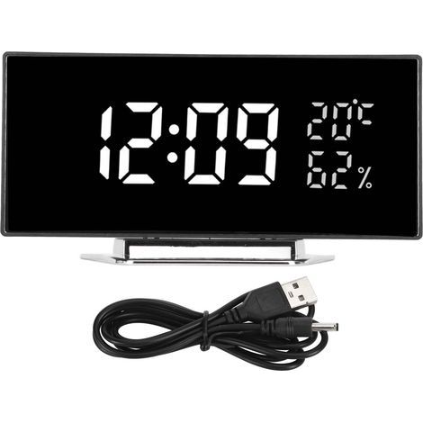 Gebogene LED-Digitaluhr mit Spiegelhintergrundbeleuchtung – Anzeige von Temperatur und Luftfeuchtigkeit – 3 Helligkeitsstufen – Weißes Licht (1/5)