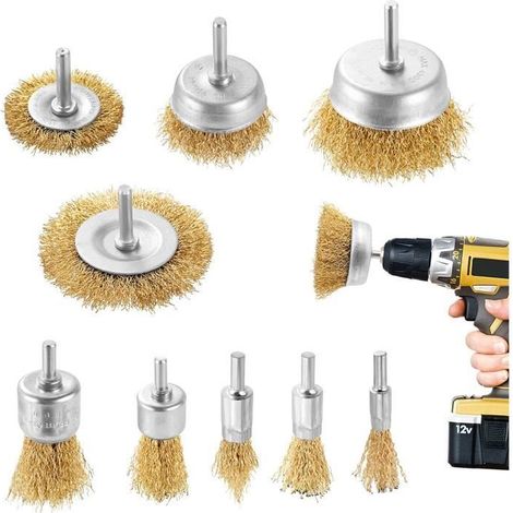 9Pieces Brosse metallique pour perceuse métallique meuleuse circulaire avec kit de brosse à tige 1/4 pouce pour rouille (1/4)