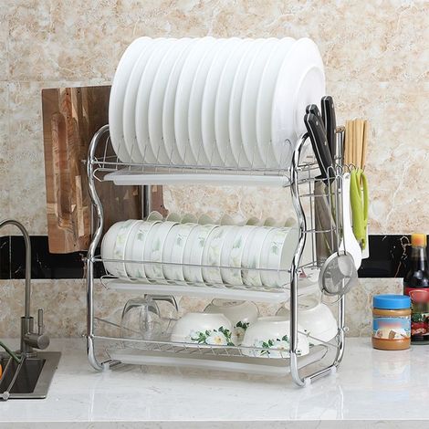 Égouttoir à Vaisselle à 3 étages en Metal avec Porte Couverts Support pour Planche à Découper,Porte Couteau,Plateau d'égouttage Blanc (1/4)