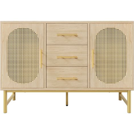 Aparador con 2 Puertas en Efecto Ratán y 3 Cajones, Estante Ajustable, 120×40×74 cm, Roble Sonoma (1/5)
