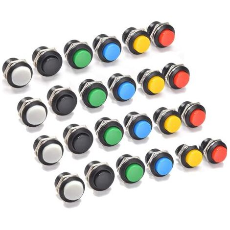 QORVA-Lot de 24 interrupteurs à bouton-poussoir momentané 16 mm assortis rouge vert jaune bleu blanc noir, 6 A 125 V 2 broches à réinitialisation automatique Mini interrupteur rond