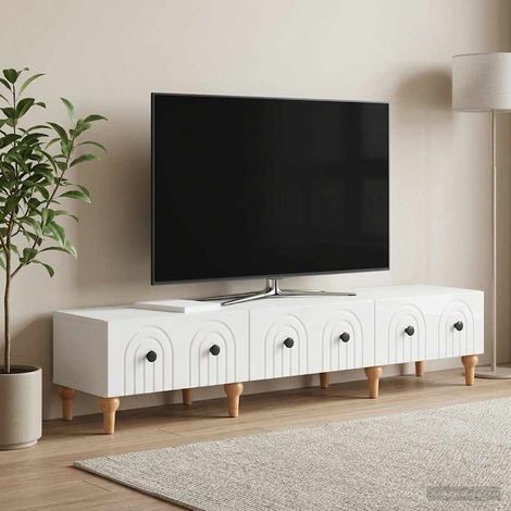 Meuble TV blanc brillant avec 3 tiroirs en bois d’ingénierie 147 x 34,5 x 30 cm - PANGIVO (1/5)