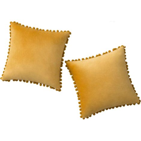 Lot de 2 housses de coussin, velours, pompons, 45x45 cm, vert foncé, pour canapé, chambre, voiture (1/5)