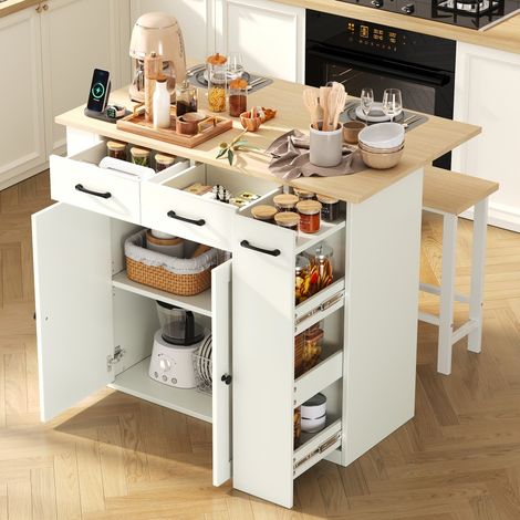 Weiße Kücheninsel 120x45x96 cm mit 2 Hockern – ausziehbare Arbeitsplatte, integrierte Ladestation und Stauraum – Weiß
