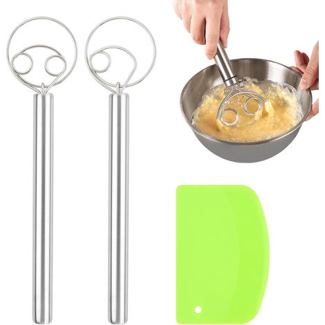 2 Pièces Fouet à Pâte Danois en Acier Inoxydable 304 (33 cm) + 1 Grattoir à Pâte en PP, Mélangeur De Pâte à Pain, Fouet à Oeufs, Danish Dough Whisk Idéal pour Pain, Pizza, Gâteaux et Pâtisseries (1/5)