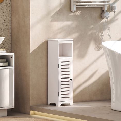 Meuble salle de bain, armoire salle de bain 4 niveaux porte persienne, étagère ouvert, 22x20x75cm, blanc (1/5)