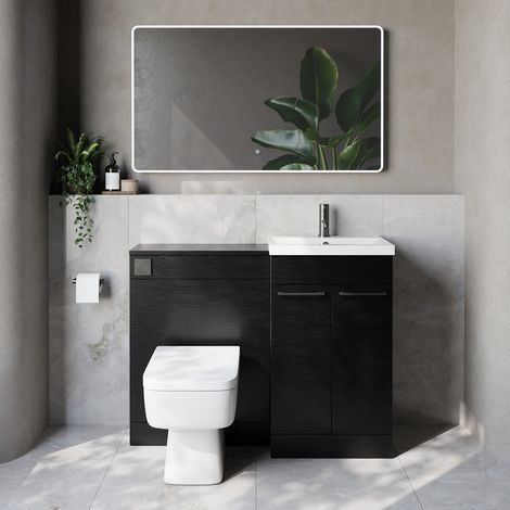 Napoli 390 Cento Nero Oak 1100mm 2 Door Vanity Unit Toilet Suite with Glide Basin - 1100mm - Gunmetal Grey 160mm HandleWith Kingston Toilet Pan and Seat