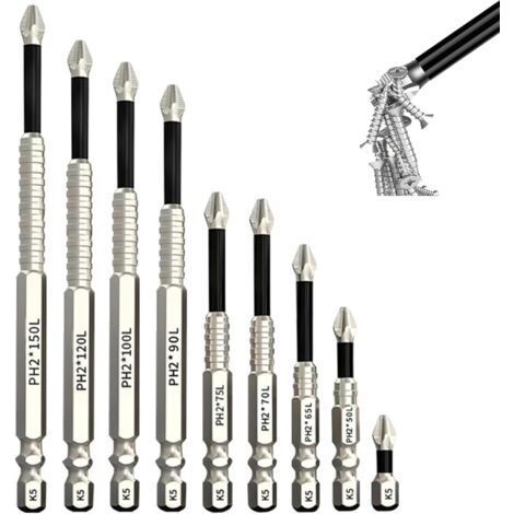 Set di 9 punte per cacciavite magnetiche antiscivolo, lunghezze 25/50/65/70/75/90/100/120/150 mm, multifunzionale per trapani elettrici. (1/5)