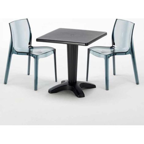 Mesa Cuadrada 70x70 cm y 2 Sillas De Colores Transparentes Caffè