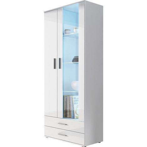Étagère Tornola 105, Blanc + Blanc brillant, Avec des portes, Fermé, Avec tiroirs, Stratifié, Verre, Le nombre de portes: 2, Nombre de tiroirs: 2, 192x80x41cm