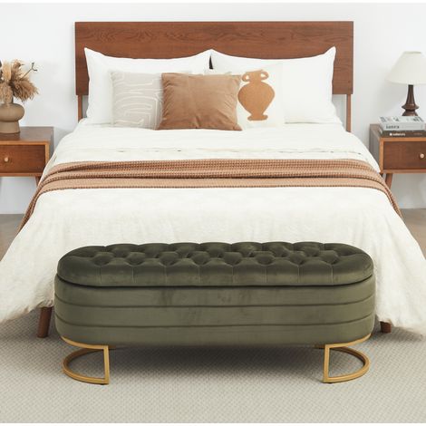Banc coffre 120x40x45 cm en velours vert, capitonné, pour chambre avec gain de place – MEUBLIV (1/5)