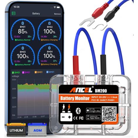 BM200 12V Autobatterietester, Bluetooth-Autobatteriemonitor, automatischer Batterietester mit Starthilfe-Lasttest, Alarmaufzeichnung, Spannungsverlauf, Spannungsmesser für PKW/Wohnmobile/Motorräder/Lk (1/5)