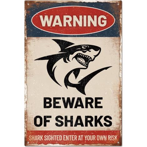 Panneau D'Avertissement en Métal "Warning: Beware of Sharks" 12x8pouces Plaque en Métal Sarcastique Drôle Décoration Murale pour Jardin Maison Cuisine Bar Club Café (1/5)