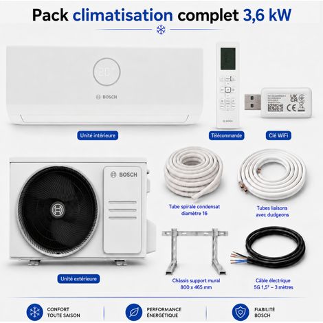 Bosch – Climatiseur monosplit réversible 3,6 kW – Technologie DC Inverter – Classe A++ froid, A+ chauffage – Kit installation 3 m inclus (1/5)
