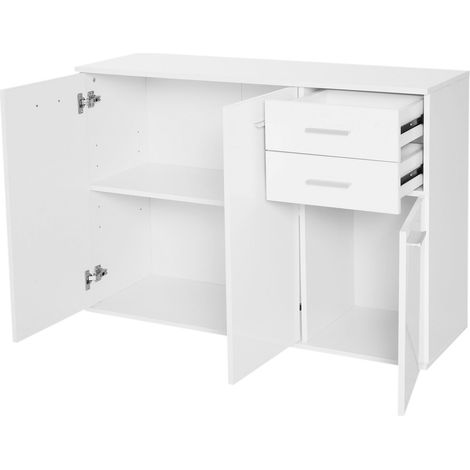 Credenza blanche 106x35x76 cm, commode en bois avec tiroirs ajustables pour salon et bureau. (1/5)