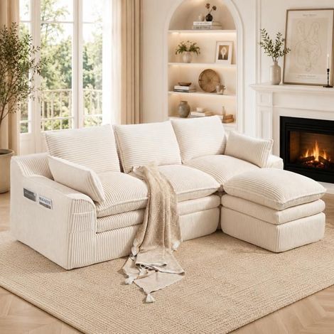 Canapé modulable - SOGEU - Canapé Modulable - 3 places - Velours côtelé beige - Pouf et coussins inclus (1/5)