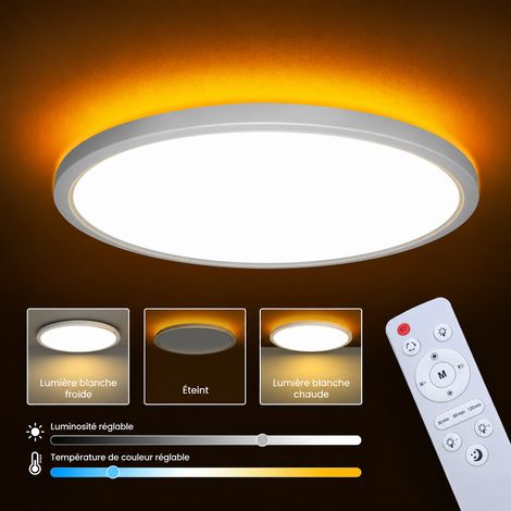 Plafonnier LED rond 30 cm cadre blanc avec rétroéclairage jaune doré et télécommande infrarouge jaune 30cm réf 7147 800 g – Livraison gratuite