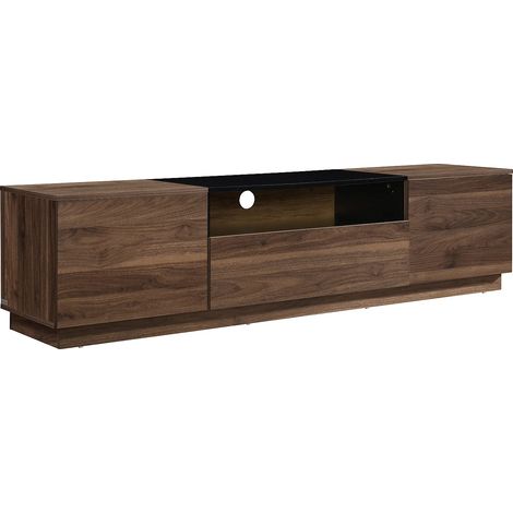 Meuble TV avec 2 portes, 1 tiroir et 1 niche - Naturel foncé et Noir - CEMILINA (1/4)