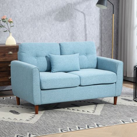 Sofá de 2 Plazas Tapizado en Lino Sintético para Salón Moderno con Reposabrazos Patas de Madera 140x78x83 cm Azul Claro (1/5)