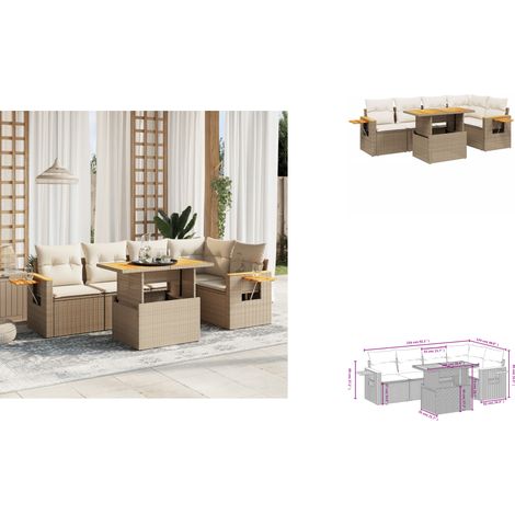 6-tlg. Garten-Sofagarnitur mit Kissen Beige Poly Rattan - Gartenmöbel - Gartensorte - Lounge Set - Rattan Möbel - Outdoor Furniture (1/3)