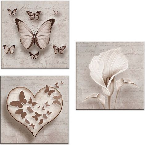 Lupia - Set 3 Quadri su Tela CANVAS DAY 38x38 cm SHABBY, Stampe Vivide Decorazione con farfalle, cuori e fiori, Moderni per Casa, Pronto da Appendere con Telaio in Legno mdf, Multicolore (1/4)