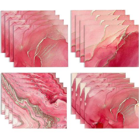 Lot de 4 sets de table, dessous de verre et napperons en lin imprimé à plat, imitation marbre rose. Idéaux pour les repas de fêtes et les réunions de famille. (1/5)