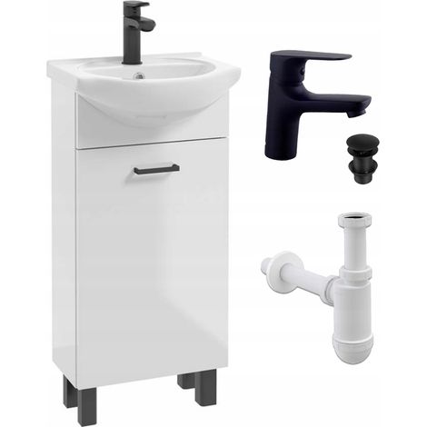 Waschtisch mit Waschbecken – 40 cm – Hochglanzweiß – Freistehend – Schwarze Armatur