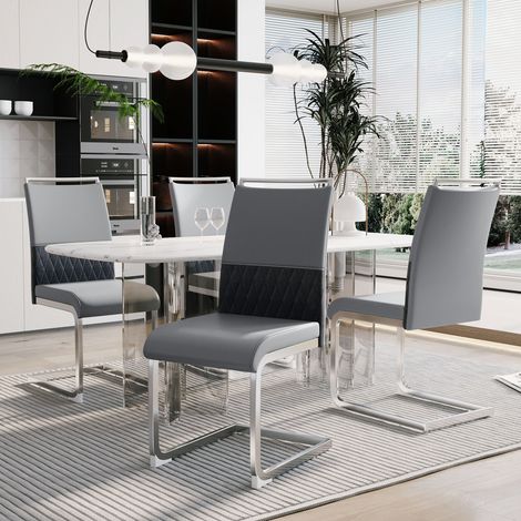 Lot de 4 chaises de salle à manger, dossier PU et simili cuir à rayures croisées, rembourrées, pour cuisine et bureau d'invités, gris