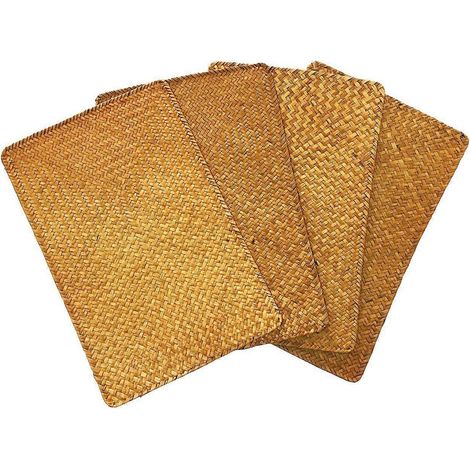 Lot de 4 sets de table rectangulaires en jonc de mer naturel tissés à la main, avec dessous de tasse et dessous de plat en paille. (1/5)