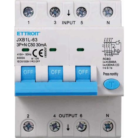 ETTROIT Interrupteur thermique magnétique différentiel 3P+N 50A 30mA 380V-6KA JX265061