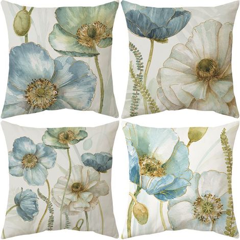 Set di 4 fodere per cuscini da esterno, impermeabili, con motivo floreale giallo e blu, ideali per divano, patio, giardino, soggiorno e camera da letto, 45x45 cm. (1/5)