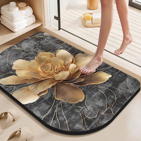 Tapis de sol en terre de diatomée pour salle de bain – Absorbant, antidérapant, résistant à l’eau, à la saleté et à l’usure – Motif 3D élégant « Éclosion dorée » – Coins arrondis, 60 x 90 cm-lsw