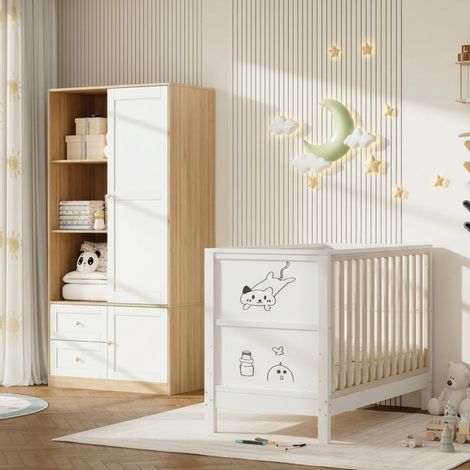 Set de cuna y armario infantil, cuna convertible, armario con puerta corredera, madera maciza y MDF, natural y blanco (1/5)