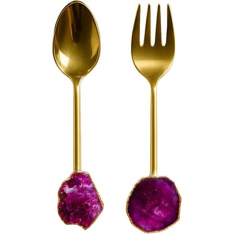 Couverts à Salade en Acier Doré et Pierre Agate Rose - 30 x 6 x 1 cm - PANGIVO (1/3)
