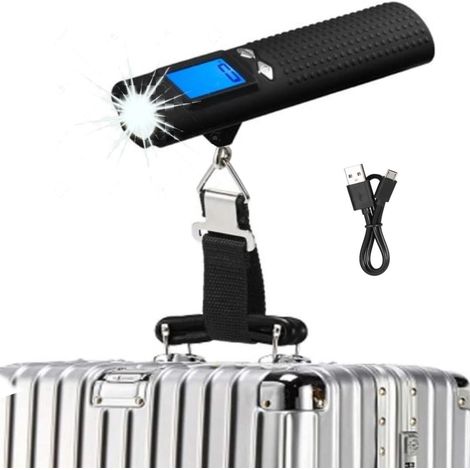 4-in-1 wiederaufladbare elektronische Kofferwaage, 50 kg (110 lb), mit LCD-Bildschirm, eingebauter Taschenlampe, Handy-Ladegerät und Handy-Ladegerät (schwarz).