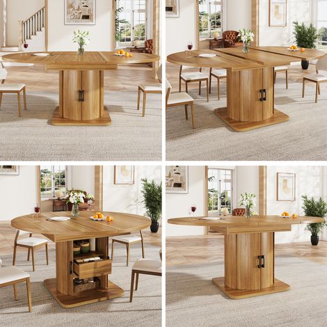 Table de salle à manger extensible, table de cuisine, table ronde transformable en ovale, 118-158 cm, jusqu'à 6 couverts, avec tiroirs, marron foncé (1/5)