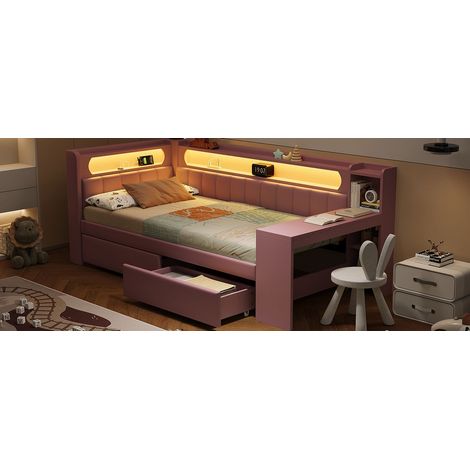 lit enfant 90x200, ports USB lit combine enfant, LED multicolore, bureau intégré, 2 tiroirs rangement, structure bois (1/5)
