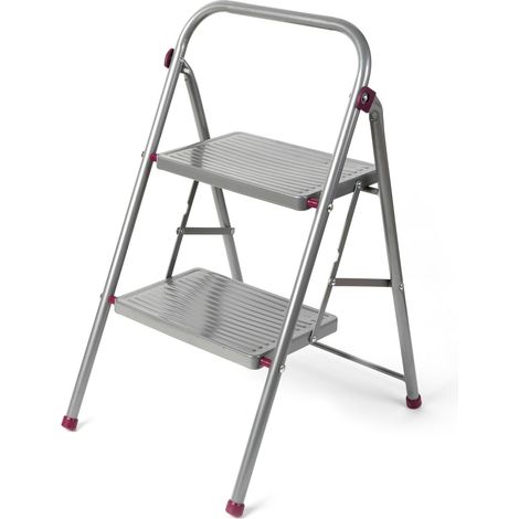 Escabeau Pliable à 2 Marches 80 cm, Marchepied Pliable de Bricolage, Pour Intérieur/Extérieur, Capacité max 150 kg, Facile à Ranger, Acier Allié, Pieds Antidérapant, Rose/Gris (1/5)