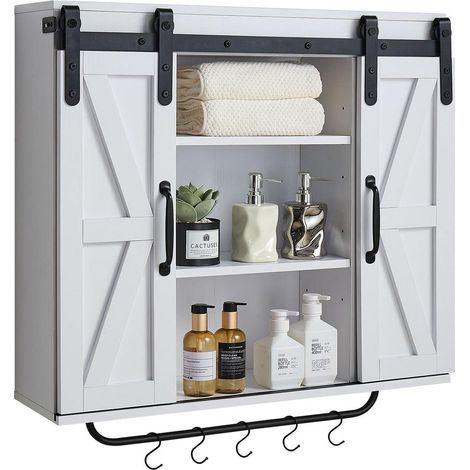 Armoire Murale Salle de Bain, 2 Portes et Étagère Réglable, Armoire à Pharmacie Au-Dessus des Toilettes, Meuble Suspendu avec Cloison Ouverte, Porte-Serviettes et Crochets, pour Buanderie, Blanc (1/5)