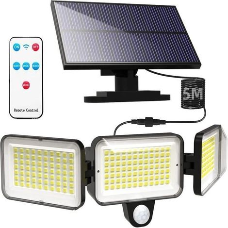 Lampe solaire exterieur detecteur de mouvement 224 LED,IP65 Étanche 3 Têtes 270 °lampe solaire exterieur avec Câble de 5M (1/4)