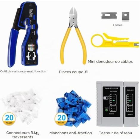 Kit de sertissage RJ45 - Compatible avec tous les câbles Cat6, Cat6a, Cat5 et Cat5e. Comprend 20 connecteurs, 20 capuchons, 1 testeur de câble réseau, 1 pince à dénuder et 1 pince coupante. (1/4)