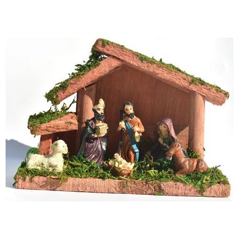 Traditionelle Krippe, elegantes Krippenset mit Profil, Krippenhaus aus Kunstharz und Holz, Weihnachtsdekoration für den Tisch – 16 x 7,5 x 11 cm (1/5)