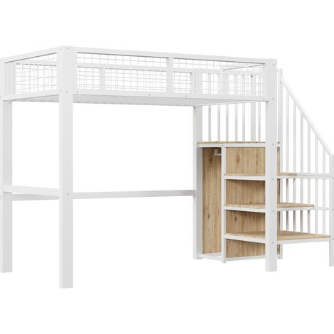Litera alta 90 x 200 de metal y MDF blanco con escalera y almacenaje (1/5)
