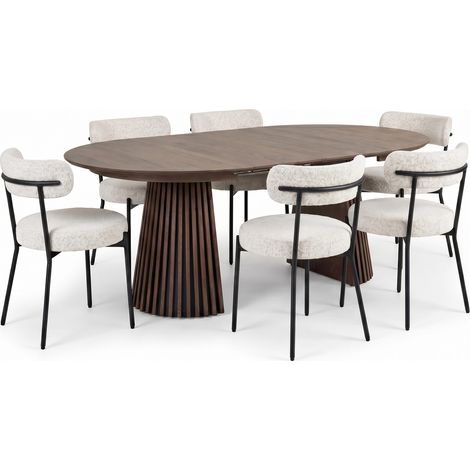 Tokyo ensemble pour salle à manger table à manger avec 2 rallonges Ø120x120-160-200 cm smoked et 6 chaises bouclé blanc.